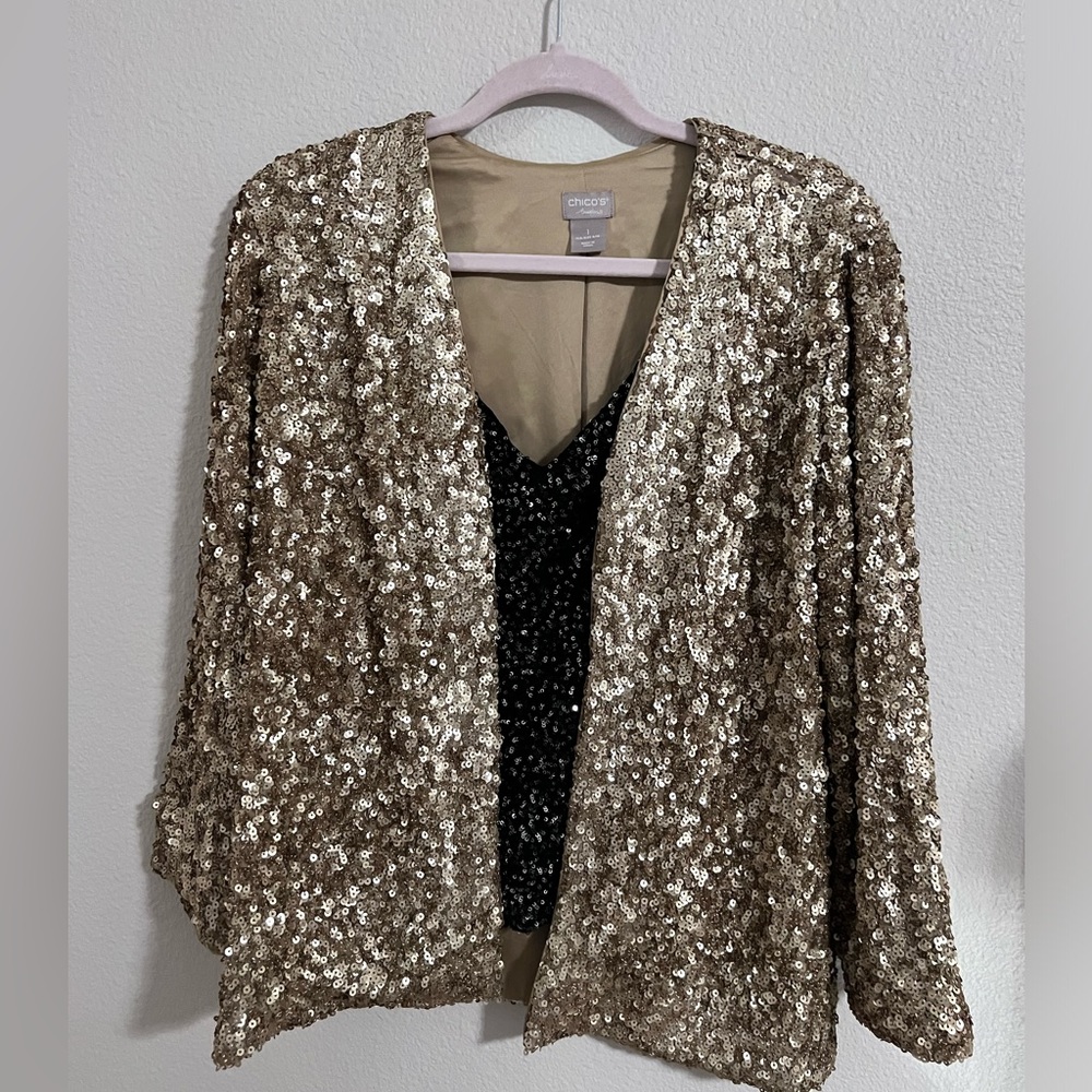Chico’s gold sequin cardigan blazer. Size 1